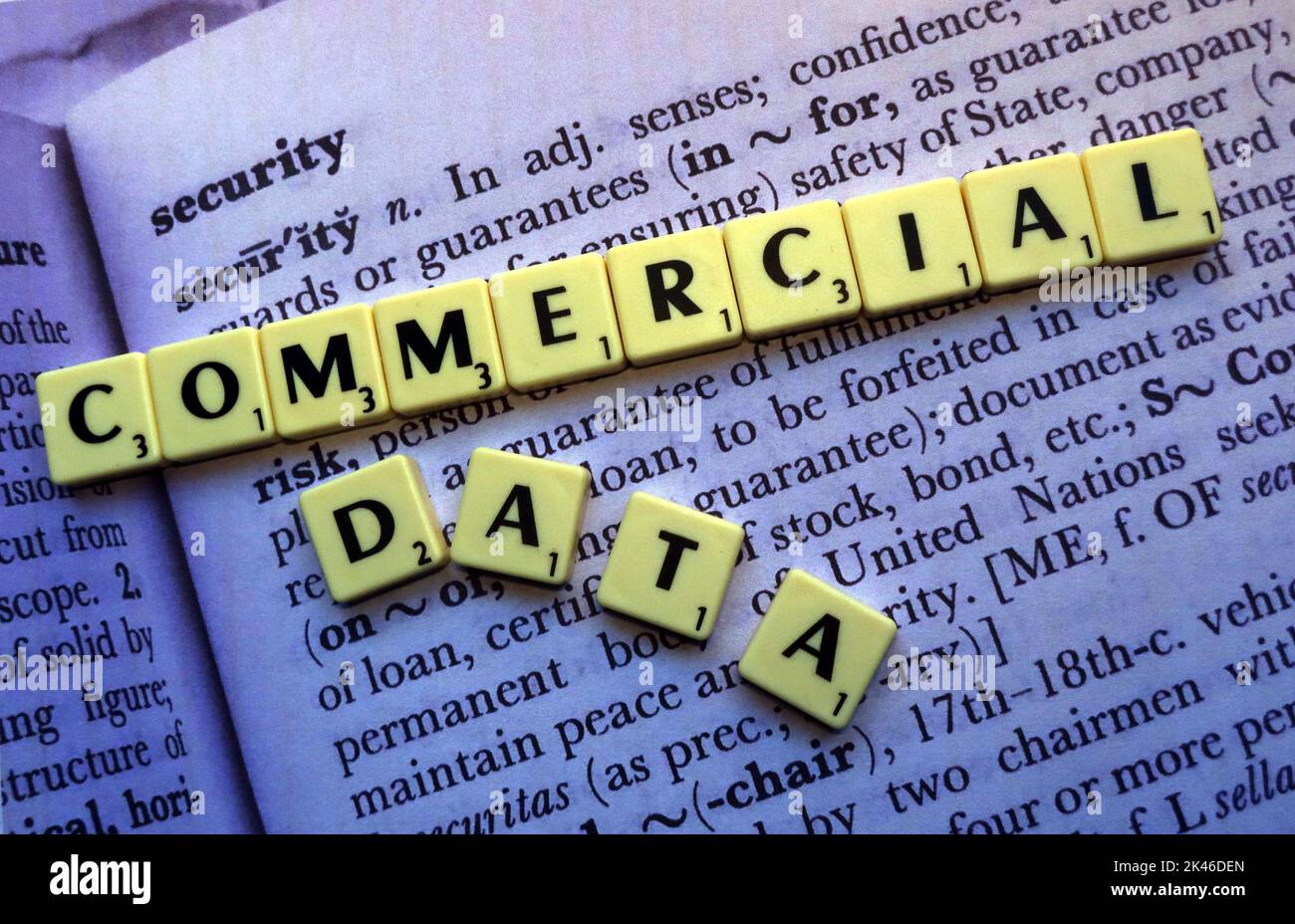 Dati commerciali, scritti in lettere scrabble, sulla definizione del dizionario di sicurezza Foto Stock