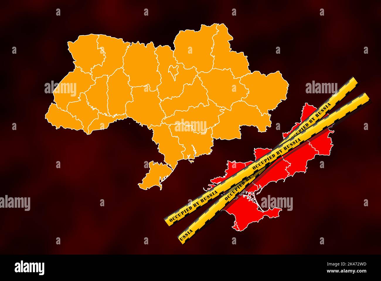 Regioni dell'Ucraina occupate dalla Russia, regioni occupate dell'Ucraina, Donetsk, Luhansk, Kherson e Zaporizhzhia, guerra Ucraina e Russia, carta occupata reg Foto Stock