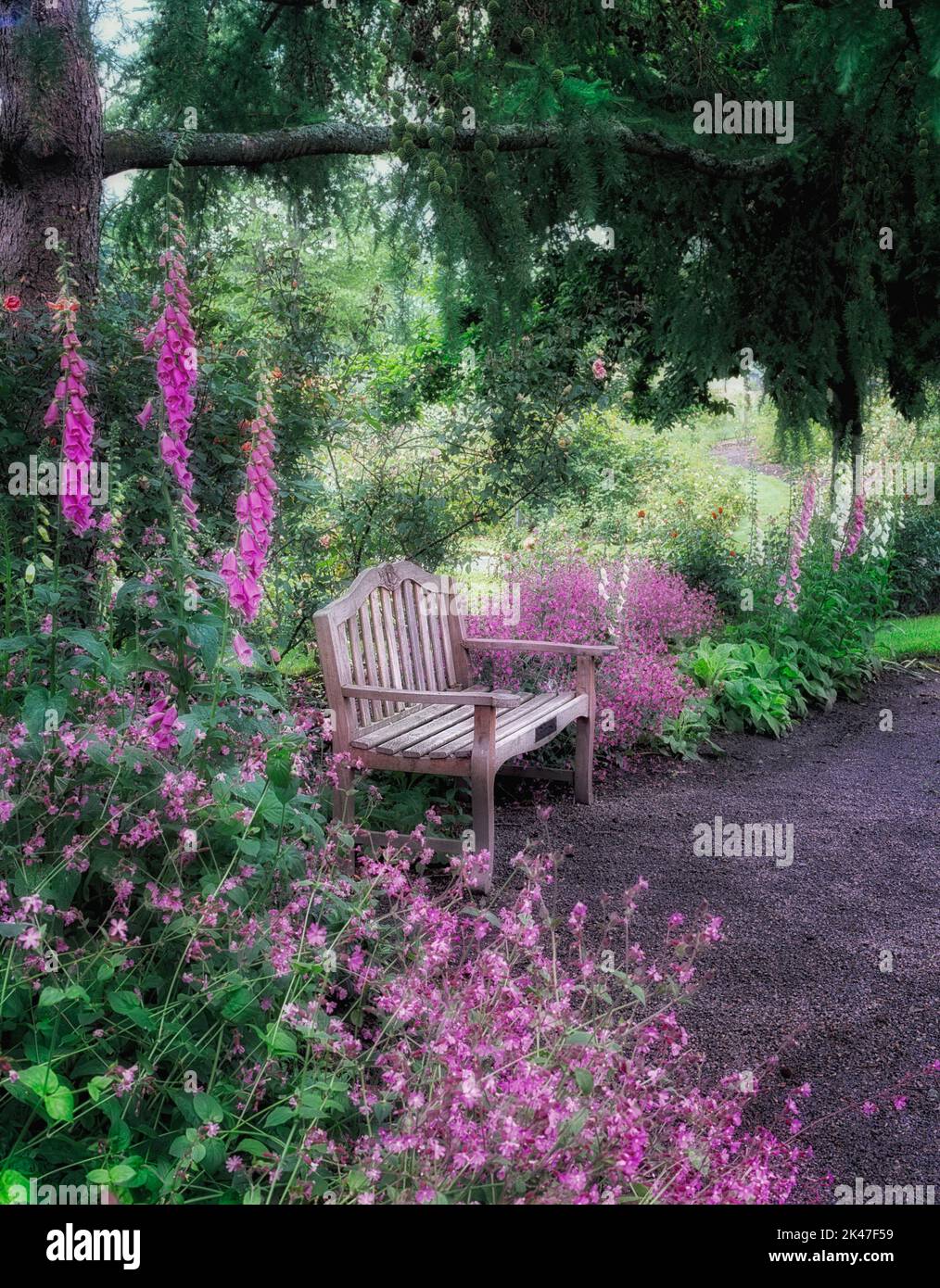 Panca da giardino. G. Owen Garden. Eugene, Oregon. Foto Stock