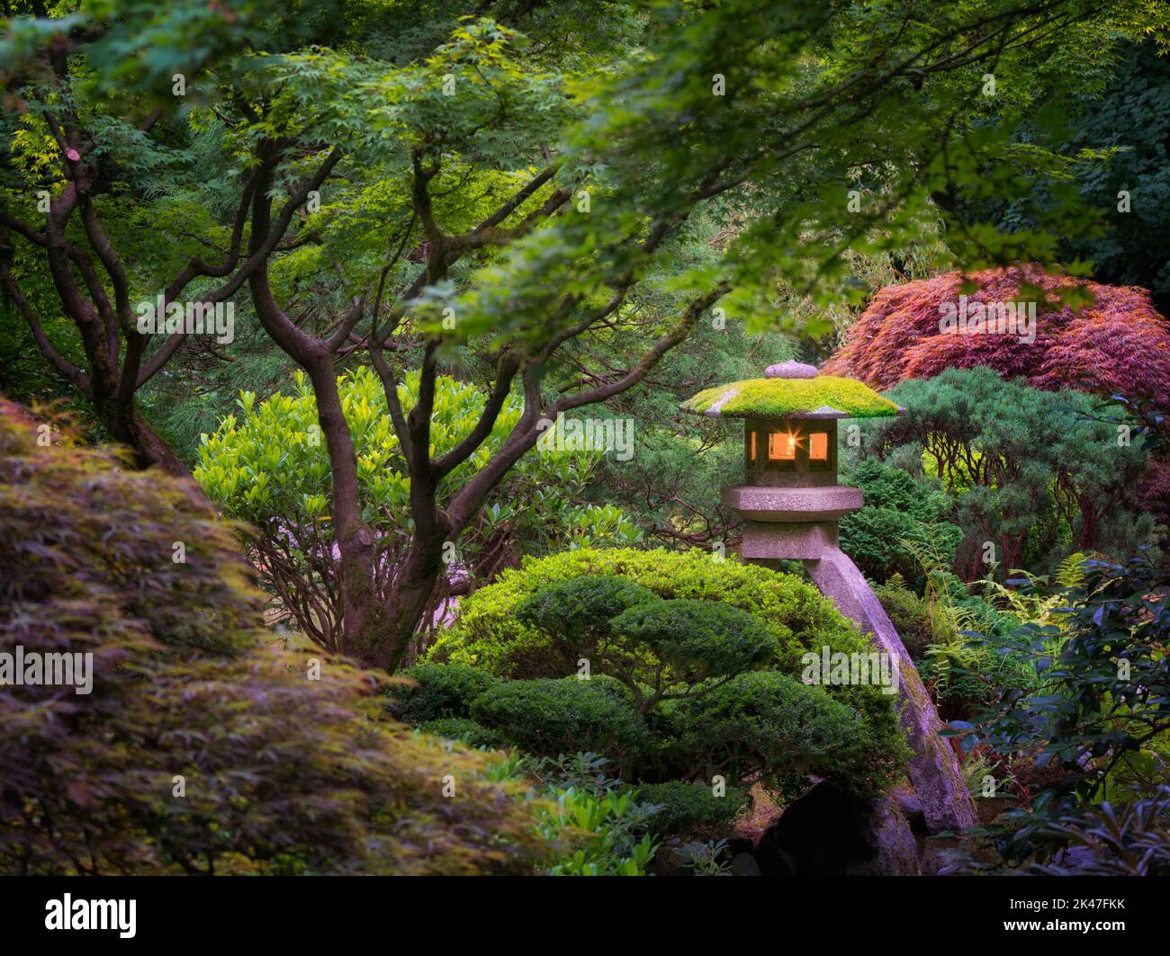 Lanterne accese in Portland Giardini Giapponesi. Oregon Foto Stock