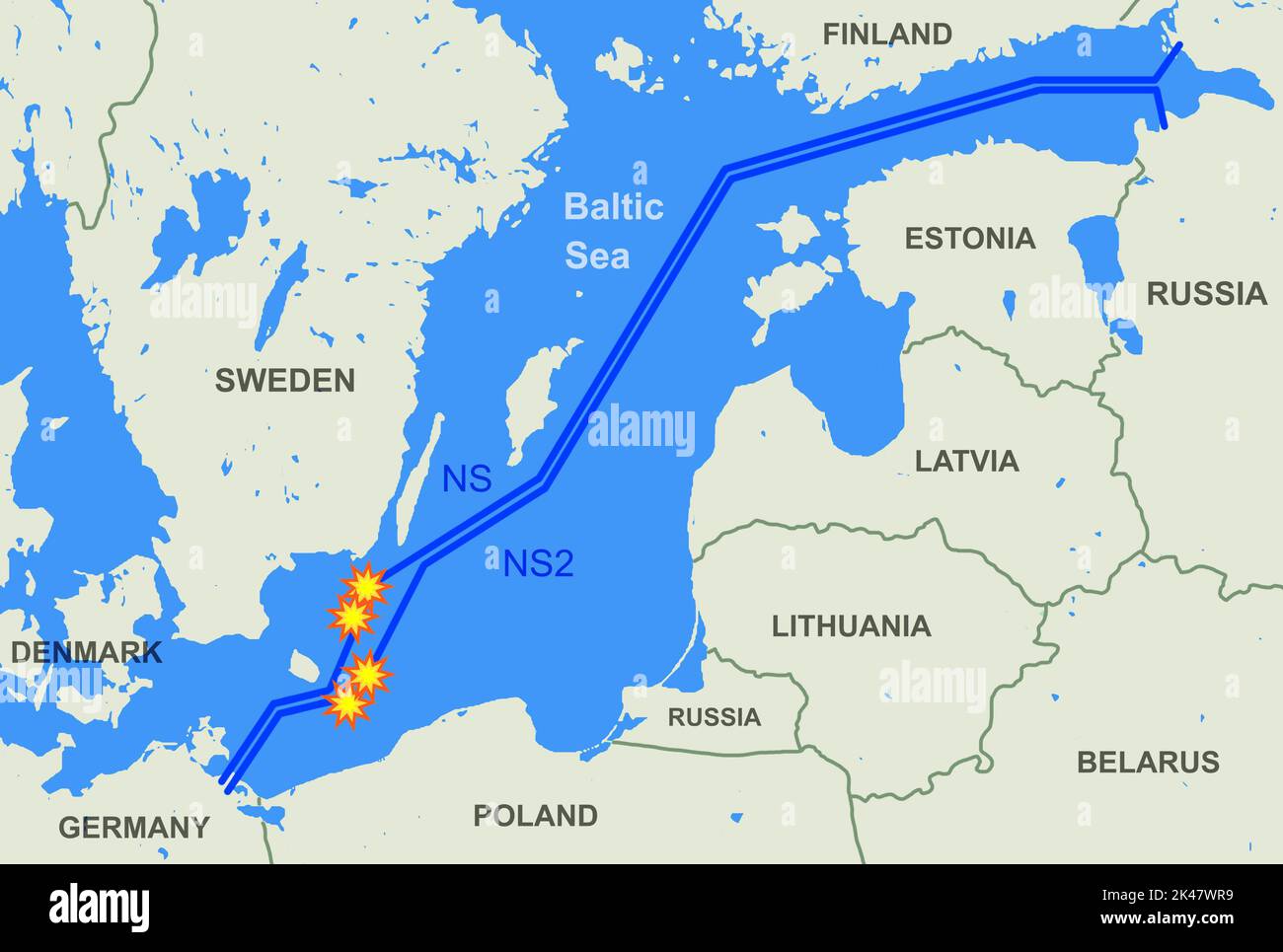 Nord Stream fuga sulla mappa, siti di esplosioni di gasdotti, illustrazione. Piano per il Mar Baltico nell'Europa settentrionale. Tema della crisi energetica, terrore Foto Stock