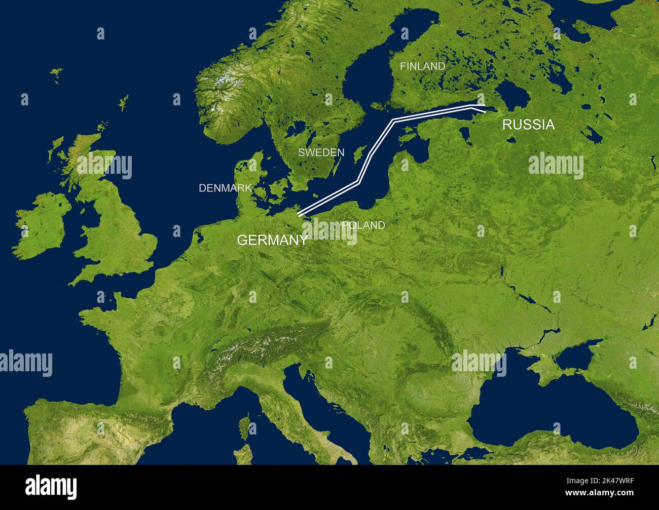 Nord Stream 1 e 2 sulla mappa, gasdotti dalla Russia alla Germania nel Mar Baltico, grafica con immagine satellitare. Tema della crisi energetica, Gazpro Foto Stock