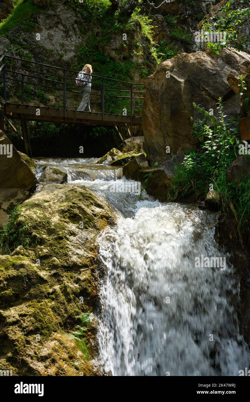 Cascata a Kislovodsk, Russia. Vista verticale dell'acqua che cade in montagna in estate. E 'attrazione turistica di Kislovodsk. Tema della natura, trave Foto Stock