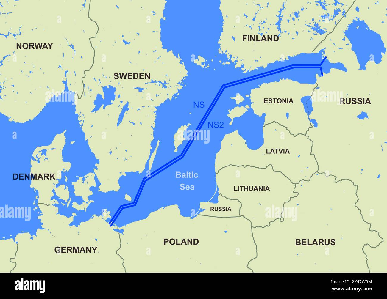 Nord Stream 1 e 2 sulla mappa, gasdotti dalla Russia alla Germania nel Mar Baltico, illustrazione. Piano per il Nord Europa con linea di gas. Tema di energia Foto Stock