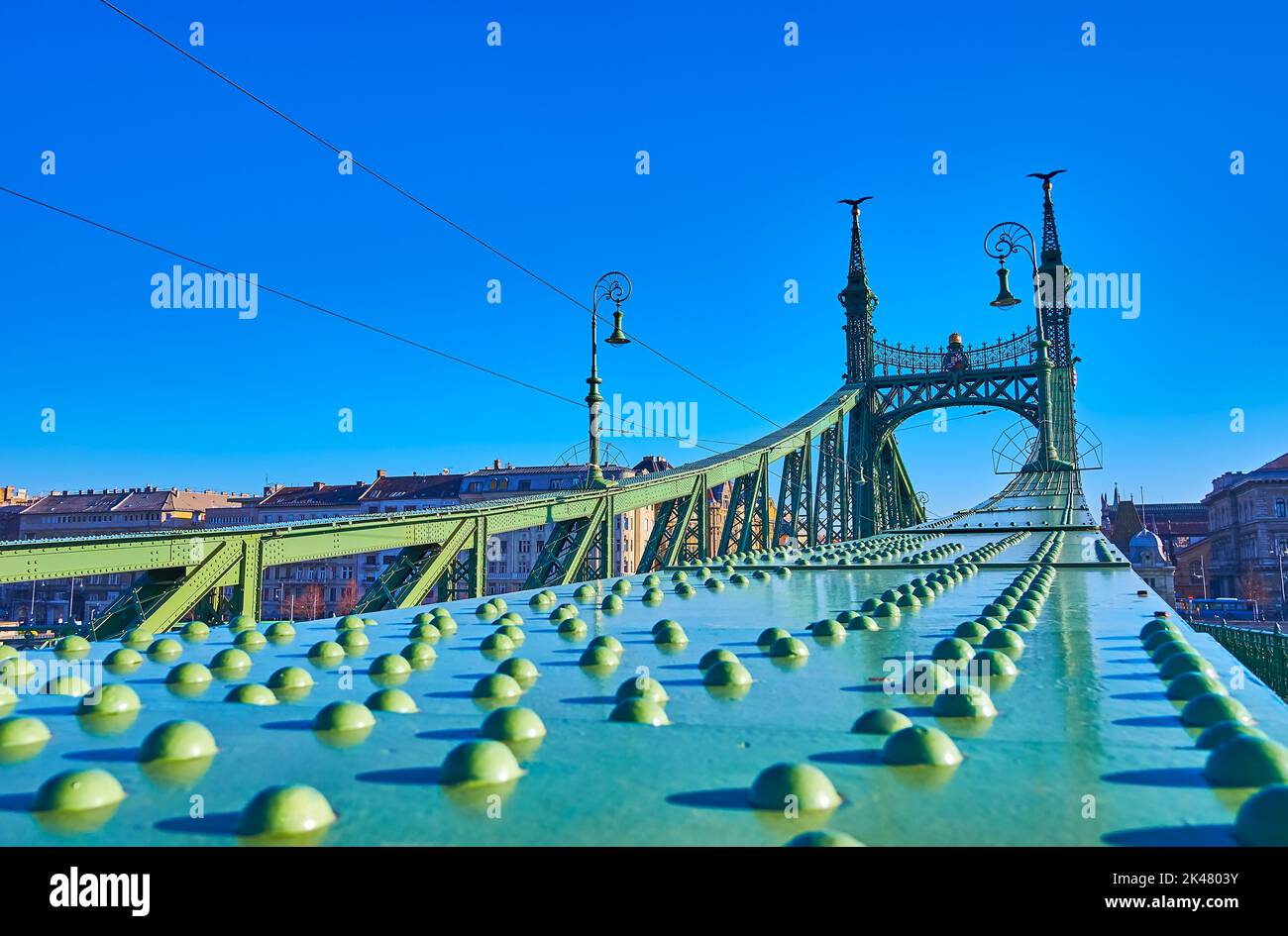 I rivetti sul supporto verde del Ponte della libertà con torri scolpite e lampioni vintage, Budapest, Ungheria Foto Stock