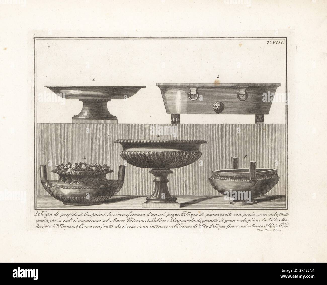 tazza porfido o coppa con circonferenza di 62 palme 1, paonazzetto tazza nel Museo Vaticano 2, grande vasca da bagno in granito o labrum precedentemente nella Villa Medici 3, conca o conca con frutta da una piastrella in gesso nelle Terme di Tito 4, E coppa greca dal Museo Oddi, Perugia 5. Incisione in copperplate di Domenico Pronti dalla sua nuova Collezione raffigurante costumi religiosi, civili e militari degli antichi Egizi, Etruschi, Greci e Romani, Nuova Raccolta Rappresentante i Costumi Religiosi Civili e Militari, Roma, 1805. Foto Stock