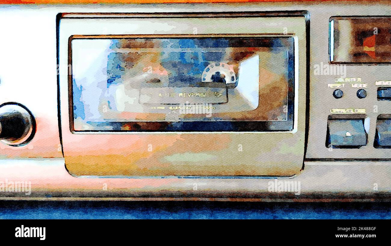 Primo piano dello sportello di un deck di cassette pronto per la riproduzione. Foto Stock