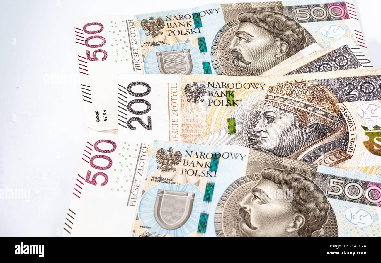 Banconote polacche di grosso taglio, 200 e 500 zlotys. Denaro in valuta polacca. Foto Stock