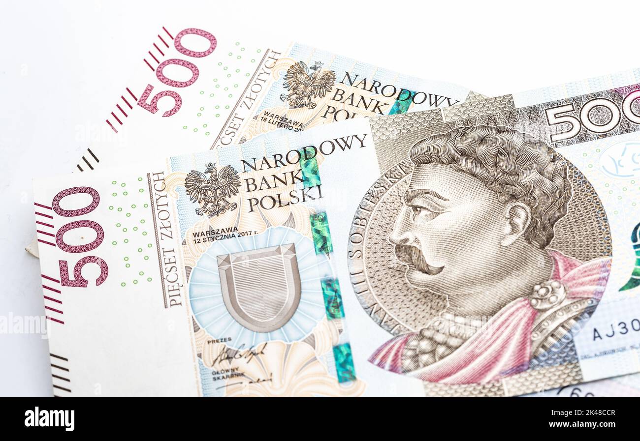 Banconote polacche di grosso taglio, 200 e 500 zlotys. Denaro in valuta polacca. Foto Stock