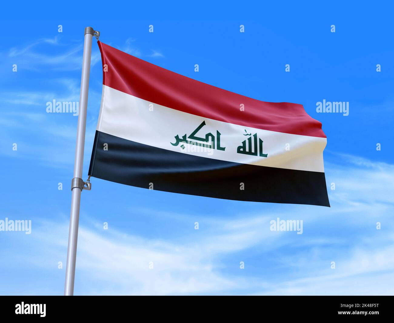 Bella bandiera irachena che ondola nel vento con sfondo cielo - 3D illustrazione - 3D rendering Foto Stock