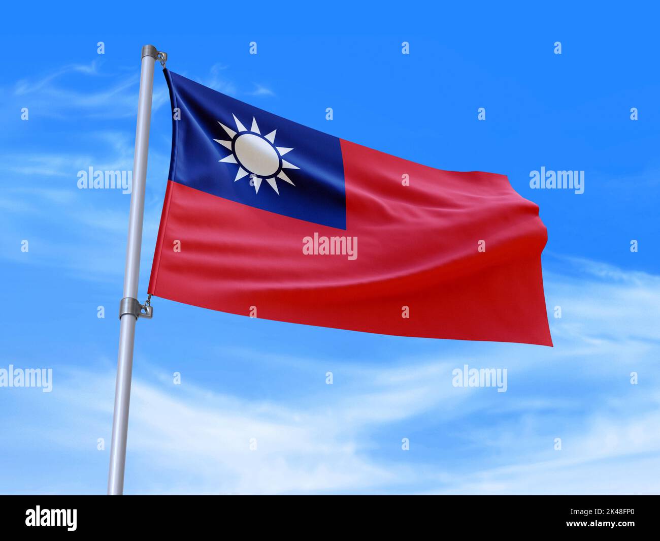 Bella bandiera di Taiwan - la bandiera della Repubblica di Cina che ondola nel vento con lo sfondo del cielo - 3D illustrazione - 3D rendering Foto Stock