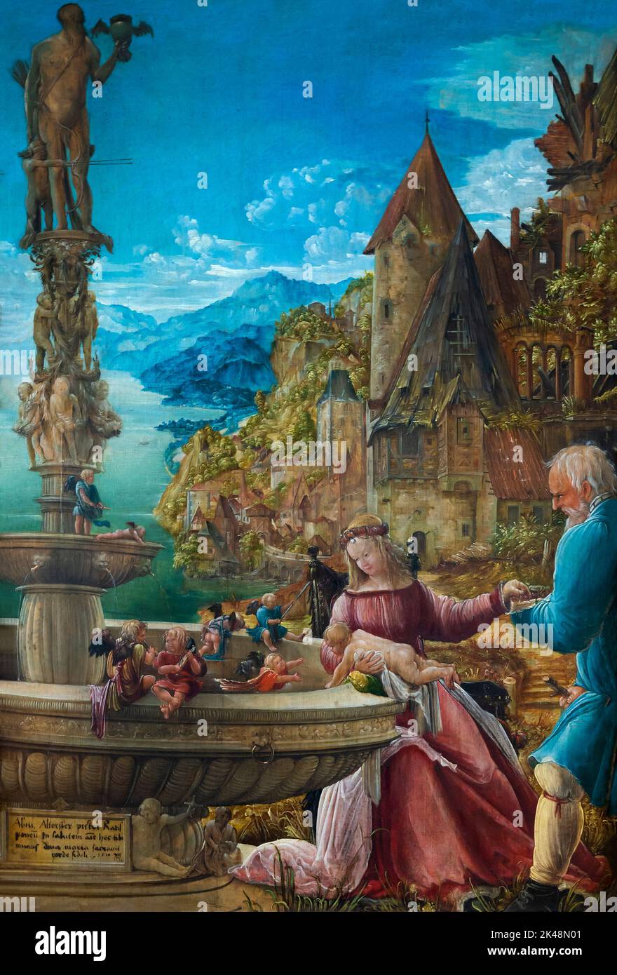 Il resto del volo in Egitto, la Sacra Famiglia a un pozzo, Albrecht Altdorfer, circa 1510, Gemaldegalerie, Berlino, Germania, Europa Foto Stock