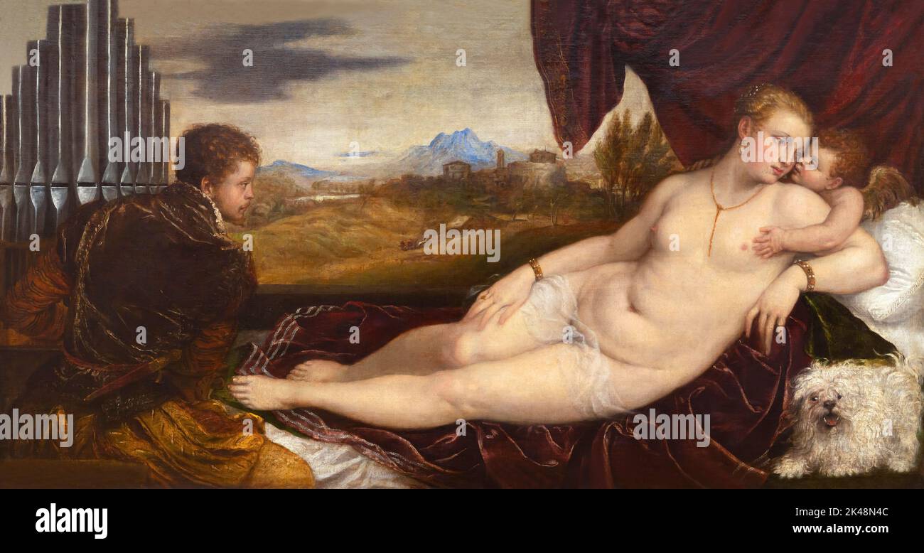 Venere con l'Organ Player, Tiziano, circa 1550-1552, Gemaldegalerie, Berlino, Germania, Europa Foto Stock