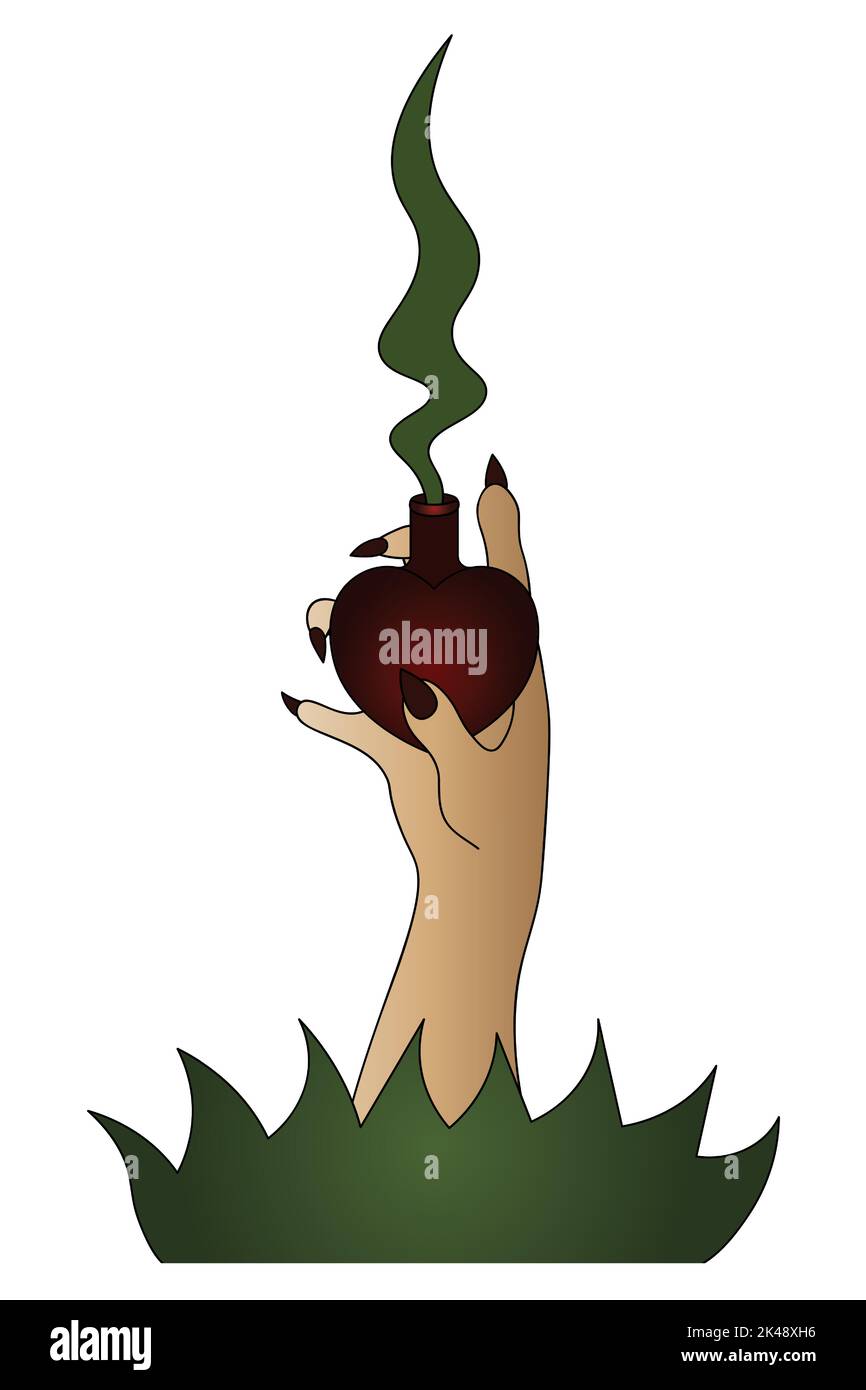 La mano della strega tiene una fiala con una pozione d'amore. Vaso a forma di cuore. Dalla bolla escono coppie magiche. Dita lunghe con chiodi affilati Illustrazione Vettoriale