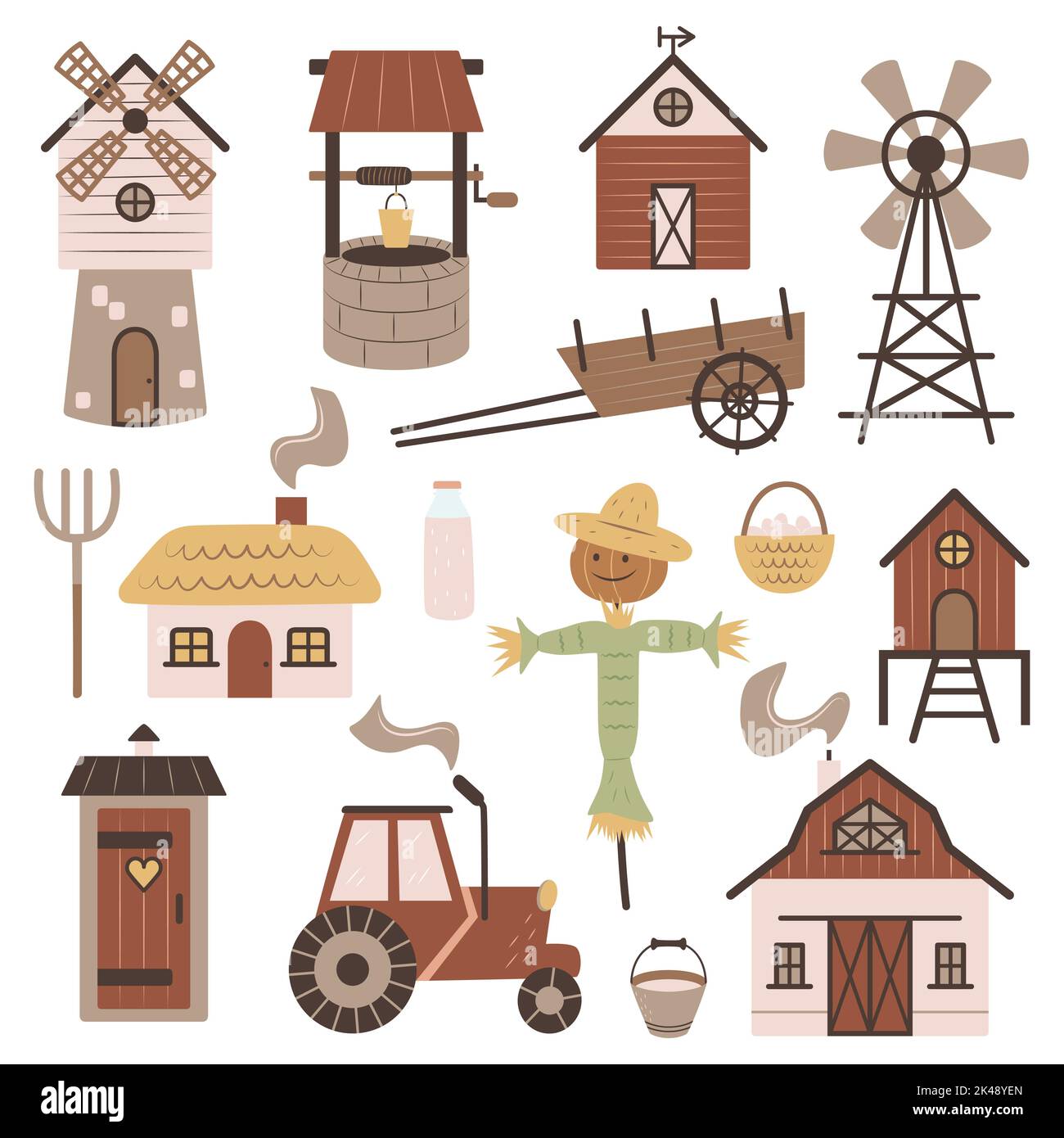 Raccolta di edifici agricoli e di oggetti agricoli. Set di semplici illustrazioni di doodle. Fienile, trattore, mulino a vento, bene e altri oggetti ranch. Clipart per adesivi, design del libro per bambini. Illustrazione Vettoriale