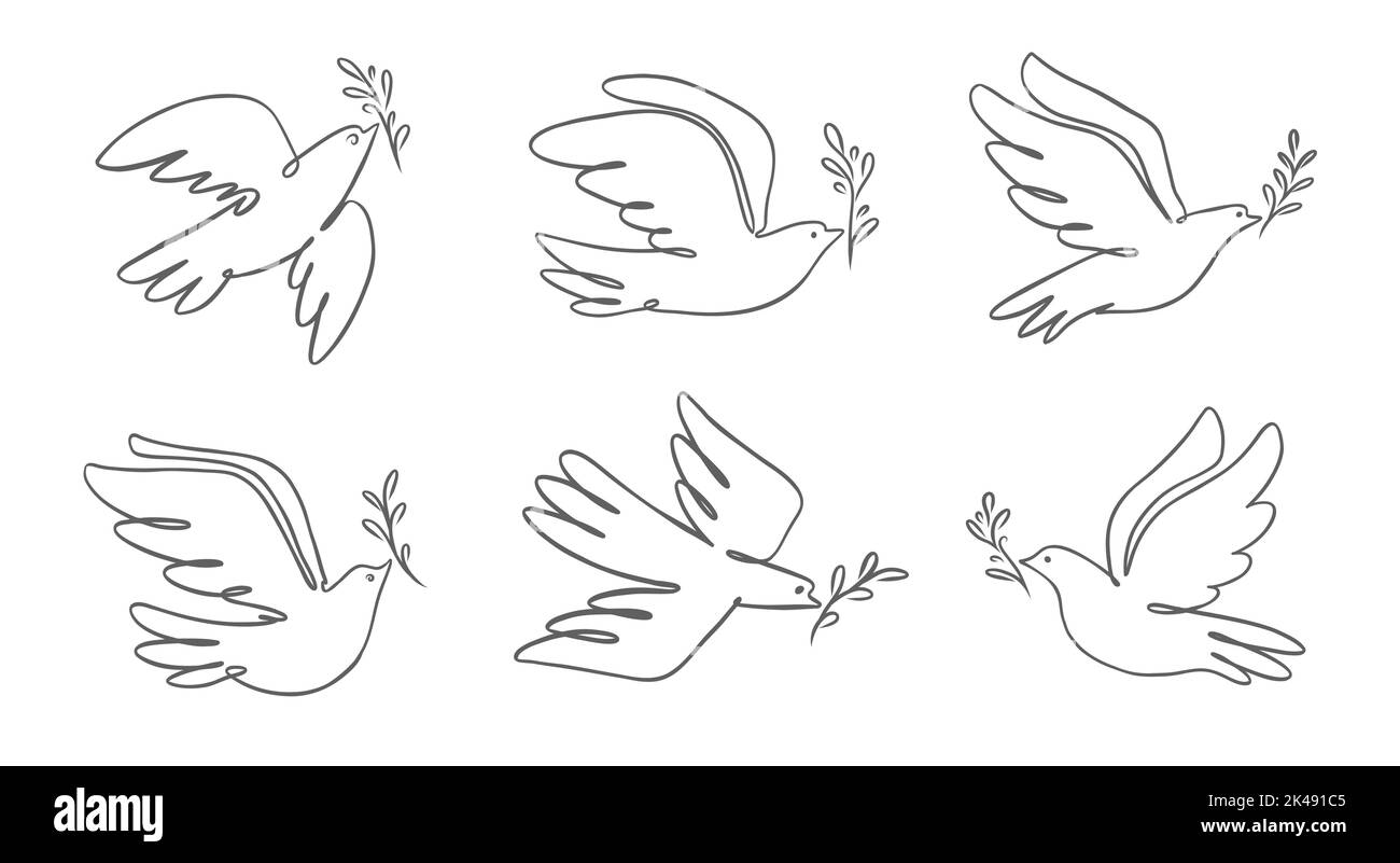 Colomba volante con badge di rametto d'oliva. Uccello e ramoscello simbolo di pace e libertà. Icona Pigeon in stile lineare Illustrazione Vettoriale