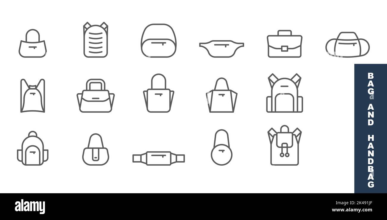 Set icone linea borsa e borsa, collezione di simboli vettoriali contorno, confezione di pittogrammi stile lineare. Cartelli, illustrazione del logo. Il set include icone come Ba Illustrazione Vettoriale