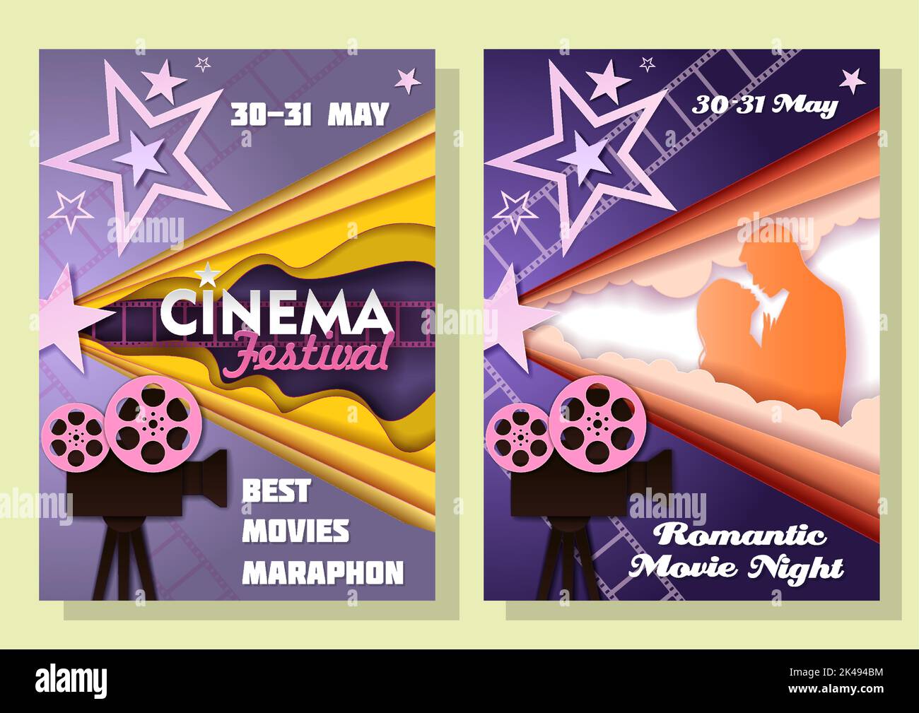 Set di modelli poster per l'annuncio della data del festival cinematografico. Illustrazione vettoriale in stile carta. Volantini retrò, cartelloni. Illustrazione Vettoriale