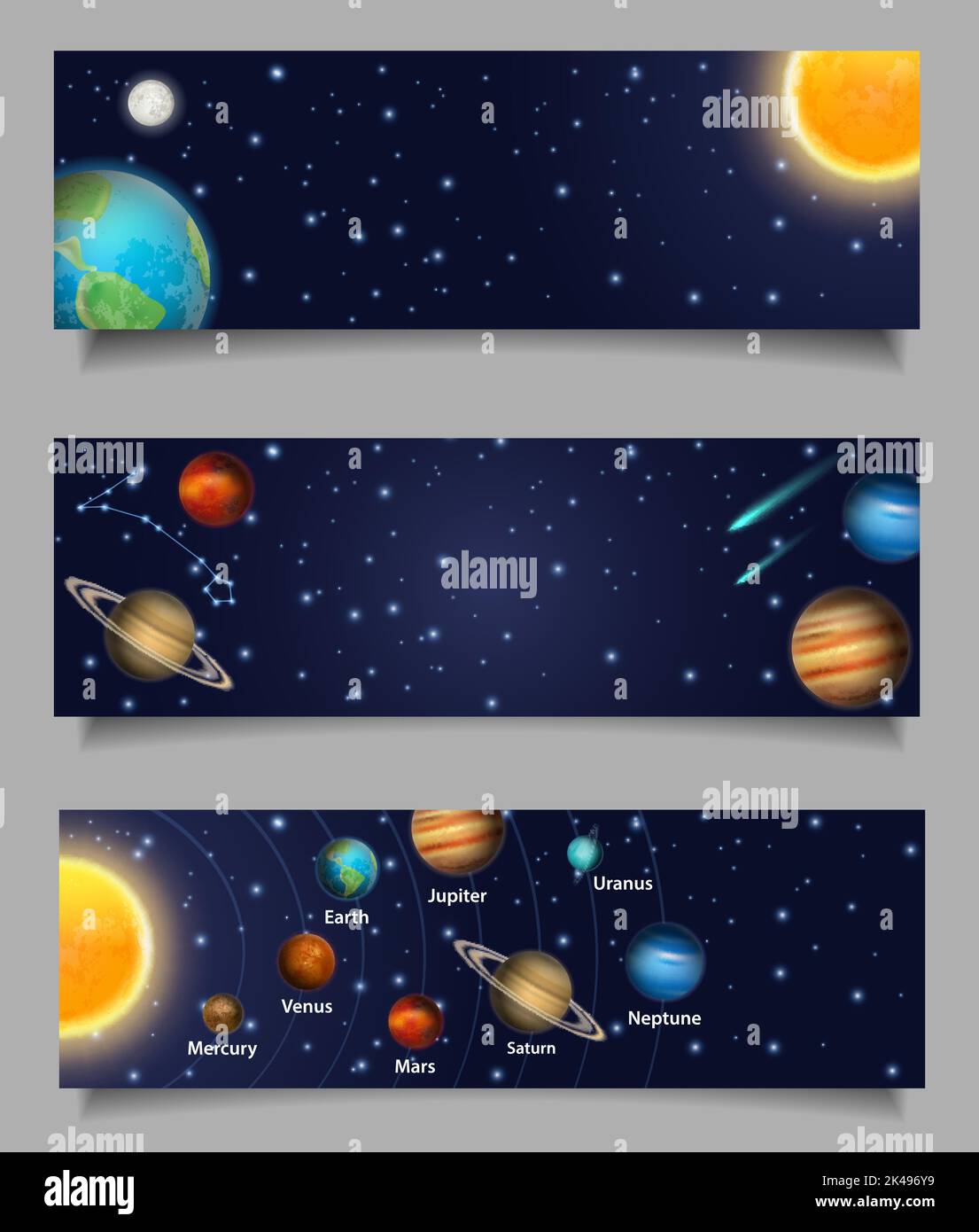 Set di modelli per banner Web del sistema solare. Illustrazione realistica vettoriale. Sole, Luna, Terra e altri pianeti del sistema solare, stelle, comete, costellazione. Illustrazione Vettoriale