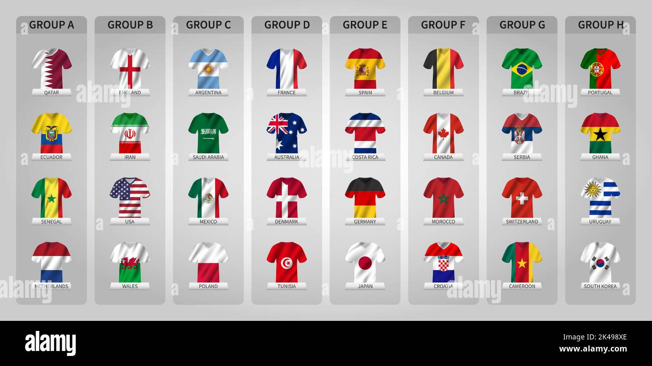 Qatar calcio Coppa del mondo fifa torneo 2022 . 32 squadre fasi di gruppo con maglia e modello di bandiera di paese ondeggiante . Vettore . Illustrazione Vettoriale