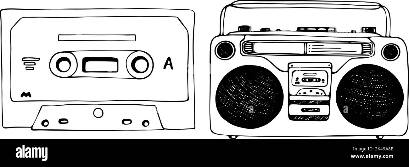 Cassette disegnate a mano, mixtape e riproduttore di dischi retrò vintage, fumetti in bianco e nero per la tecnologia musicale o apparecchiature audio Illustrazione Vettoriale