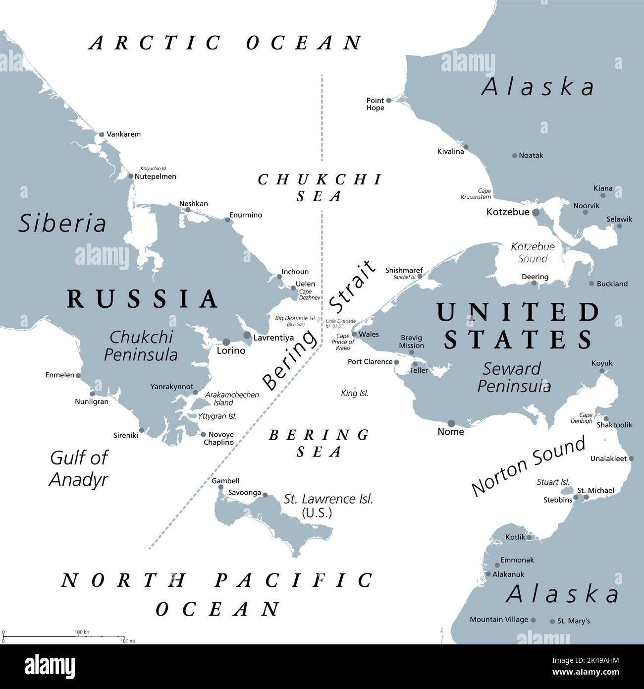 Bering Strait, mappa politica grigia. Stretto tra l'Oceano Pacifico Settentrionale e l'Oceano Artico, separando la Penisola di Chukchi dalla Penisola di Seward. Foto Stock