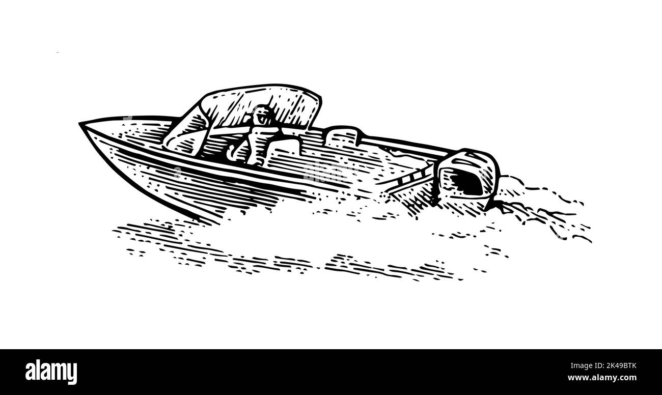 Gite in barca sulle onde. Vista posteriore. La piccola nave naviga in mare, lago o fiume. Imbarcazione composita in plastica con motore. Schizzo del contorno disegnato a mano. Isolato su whit Illustrazione Vettoriale