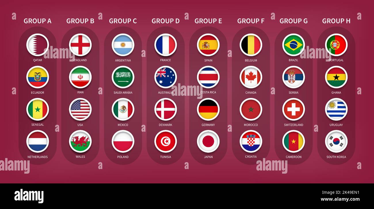 Qatar fifa World Cup torneo di calcio 2022 . 32 squadre gruppi a pareggio finale con bandiera nazionale . Vettore . Illustrazione Vettoriale