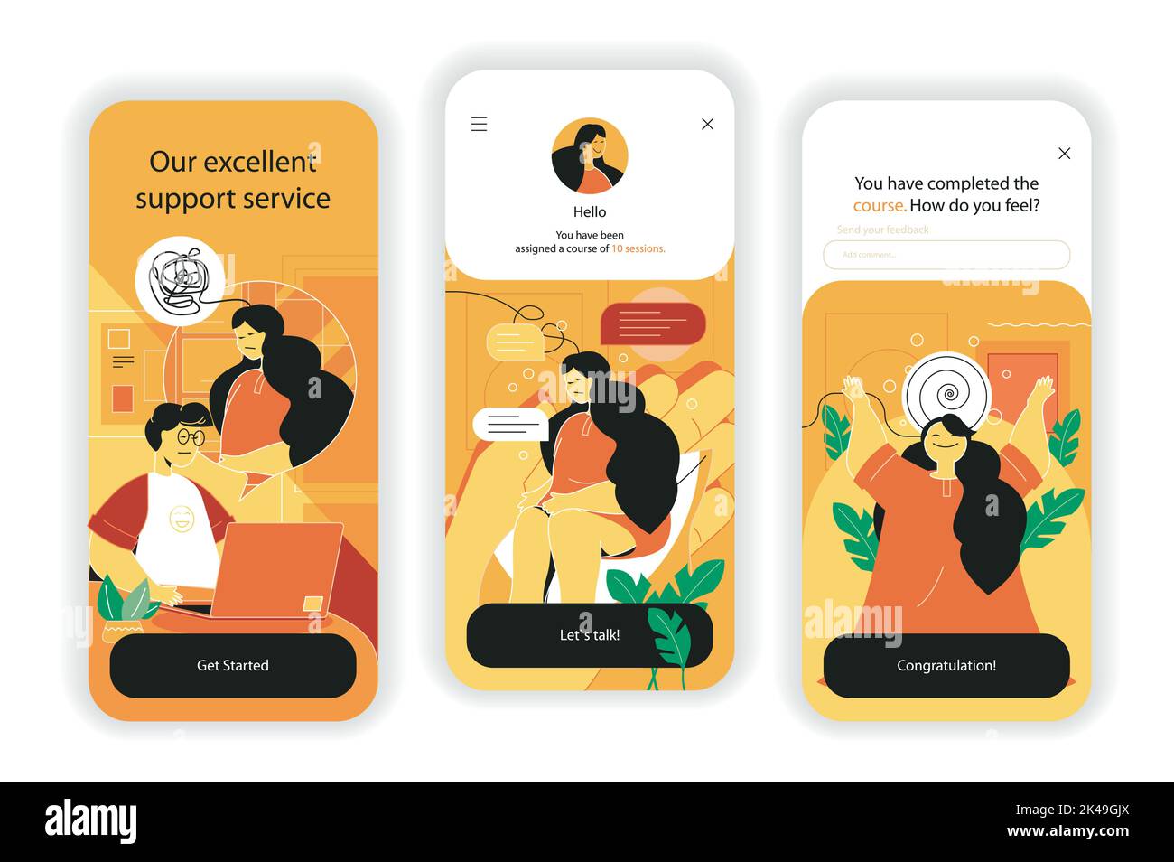 Schermate di integrazione del concetto di assistenza clienti. Call center, consulenza clienti, risolvere i problemi del cliente. UI, UX, kit interfaccia utente GUI con flat Illustrazione Vettoriale
