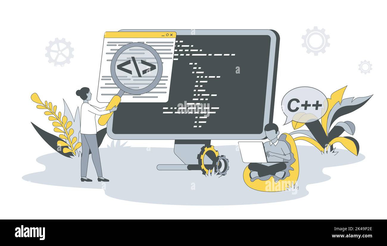 Concetto di programmazione computerizzata in design piatto con le persone. Uomo e donna scrivono codice e script, lavorano con linguaggi di programmazione, creano software Illustrazione Vettoriale