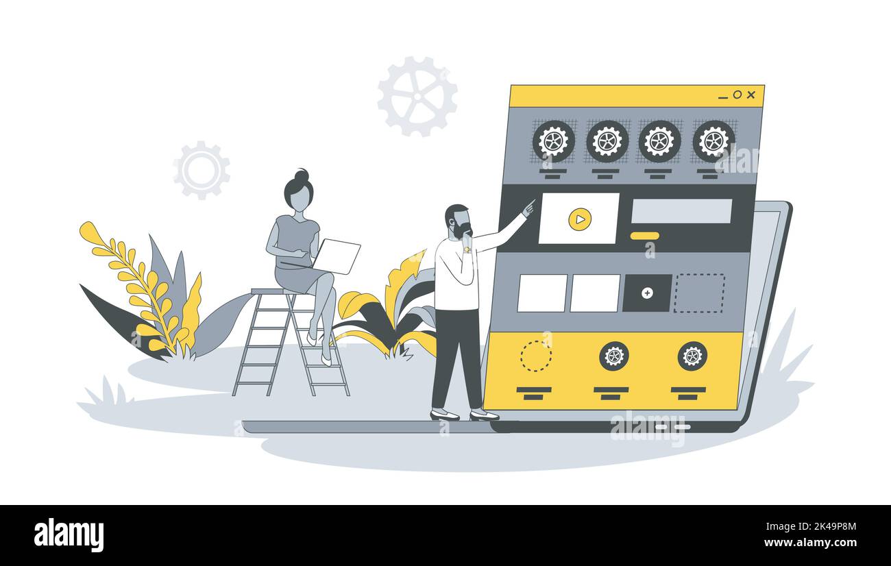 Concetto di sviluppo Web in design piano con le persone. L'uomo e le donne creano la disposizione del luogo, posizionano i blocchi con il soddisfare ed i pulsanti, funzionando in squadra. Vettore Illustrazione Vettoriale