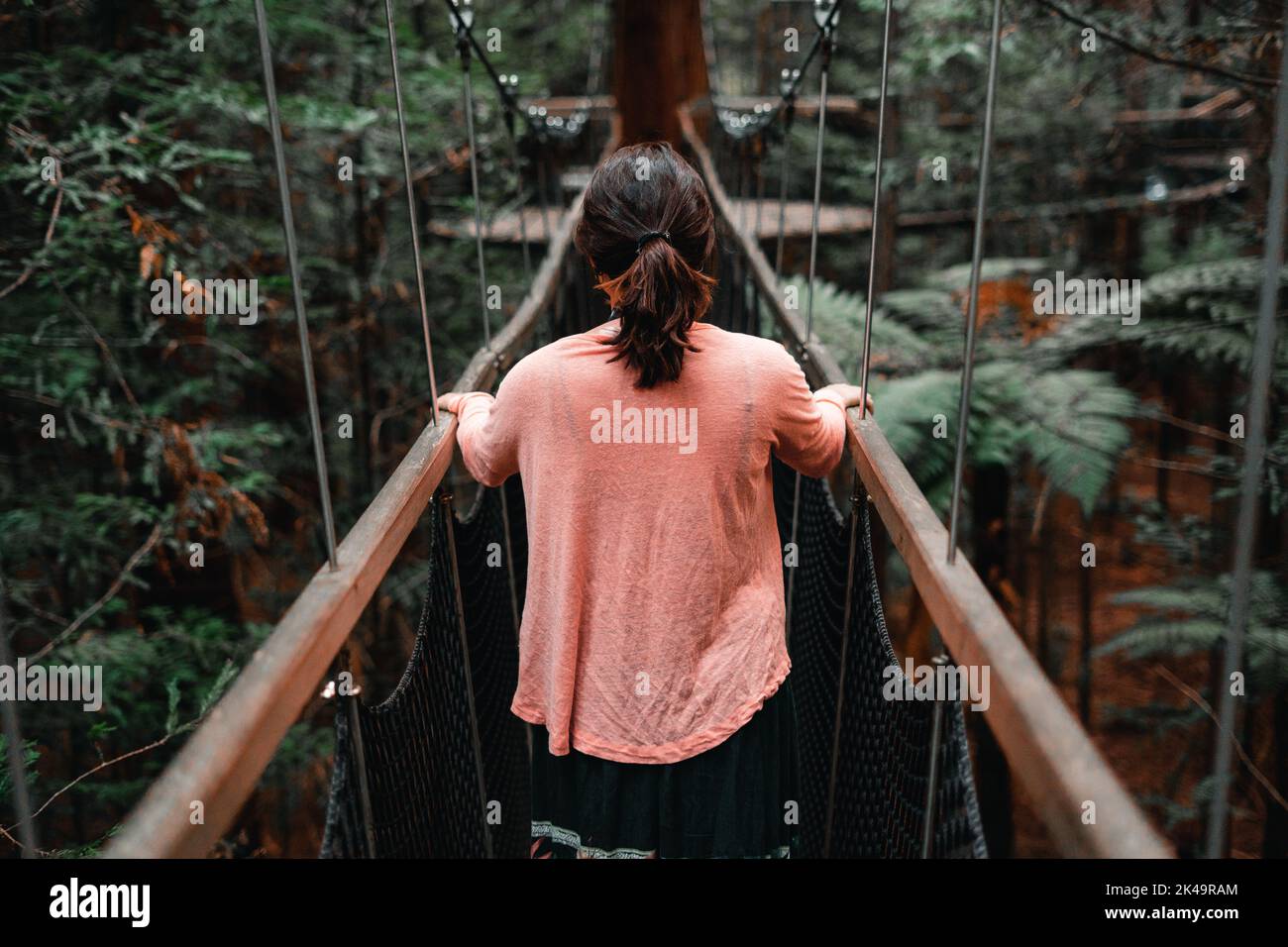 ragazza caucasica dalla schiena con un ponytail nei capelli e una camicia rosa che tiene sulla ringhiera di legno di un lungo passerella stretta tra gli alberi Foto Stock