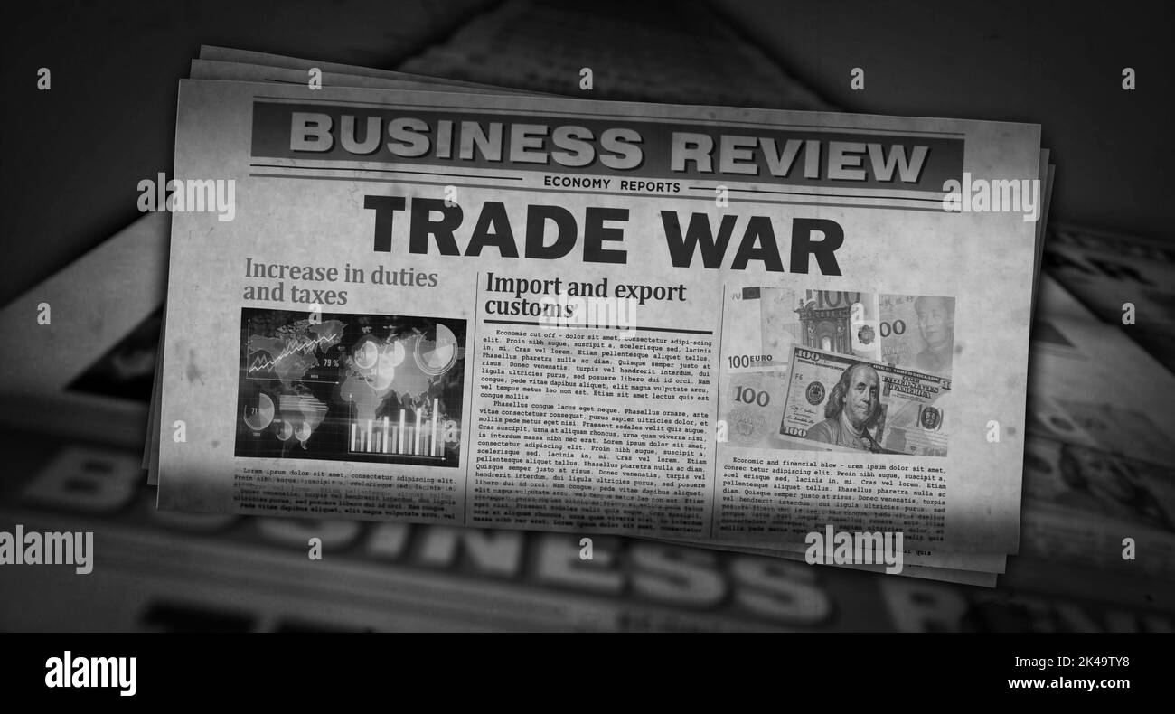 Guerra commerciale, protezionismo economico e conflitto finanziario. Stampa di giornali. Concetto astratto della stampa vintage. Illustrazione del rendering retro 3D. Foto Stock
