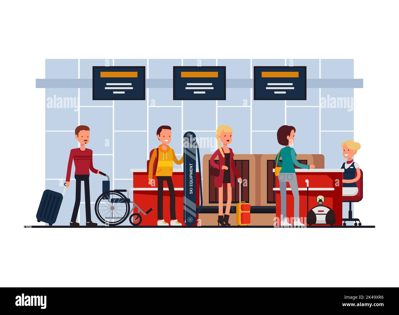 Banco check-in di sicurezza per il terminal dell'aeroporto, illustrazione vettoriale in stile piatto. I passeggeri e il loro bagaglio a mano sono sottoposti a un controllo di sicurezza completo. Illustrazione Vettoriale