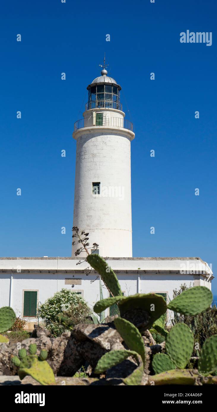 Vista verticale del faro di la Mola sull'isola di Formentera in Spagna contro il cielo blu Foto Stock