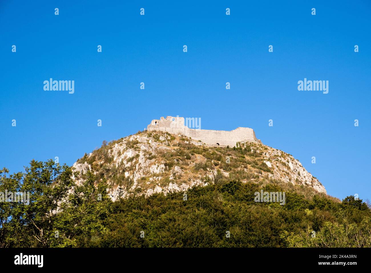 Castello Montsegur, paese cataro, Ariege, Occitanie, Francia Foto Stock