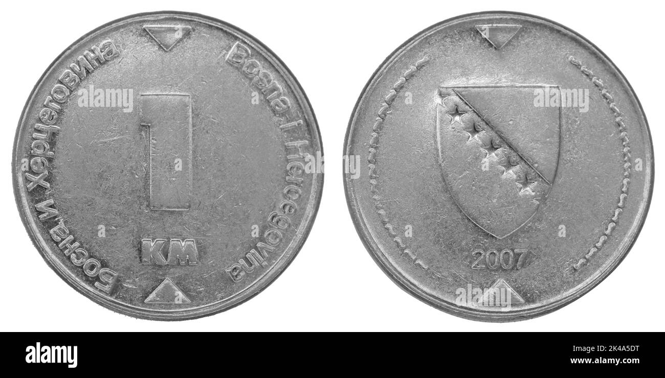 1 moneta convertibile bosniaca (KM) con entrambi i lati su sfondo bianco isolato Foto Stock