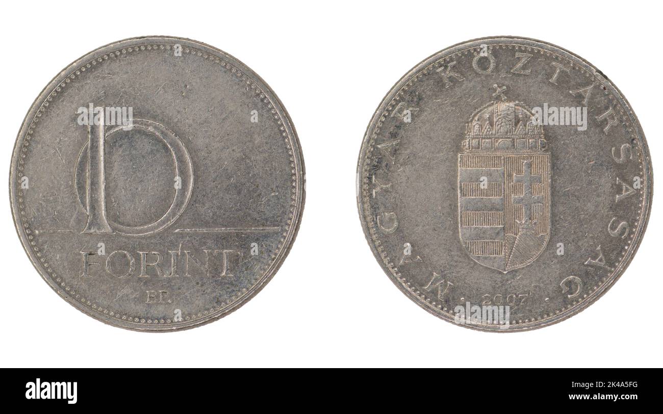 10 moneta ungherese di Forint (HUF) con entrambi i lati su fondo bianco isolato Foto Stock
