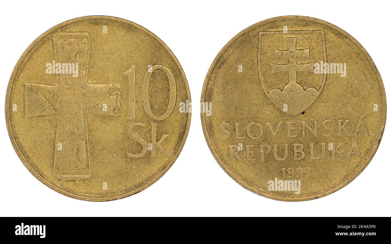 10 moneta di corona slovacca (SKK) con entrambi i lati su fondo bianco isolato Foto Stock
