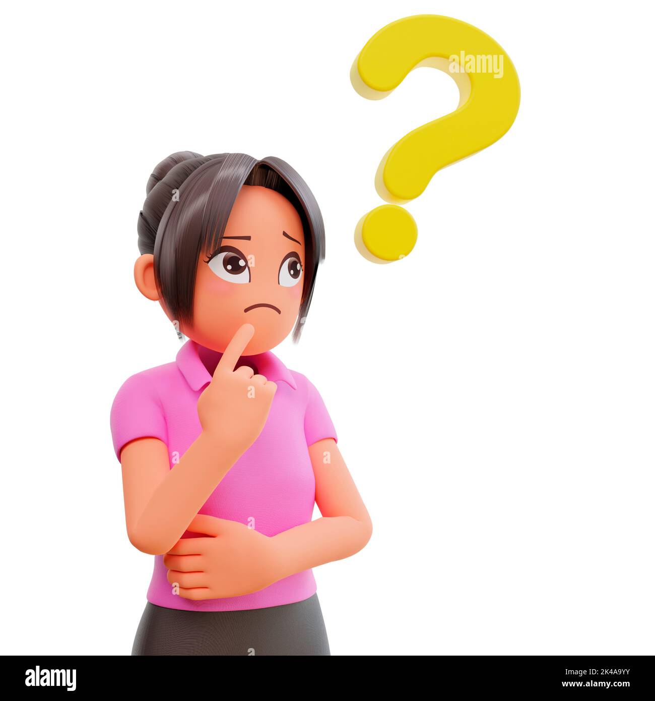 Un 3D ha reso in piedi la ragazza cartoon pensando con un punto interrogativo dietro di lei su uno sfondo bianco Foto Stock