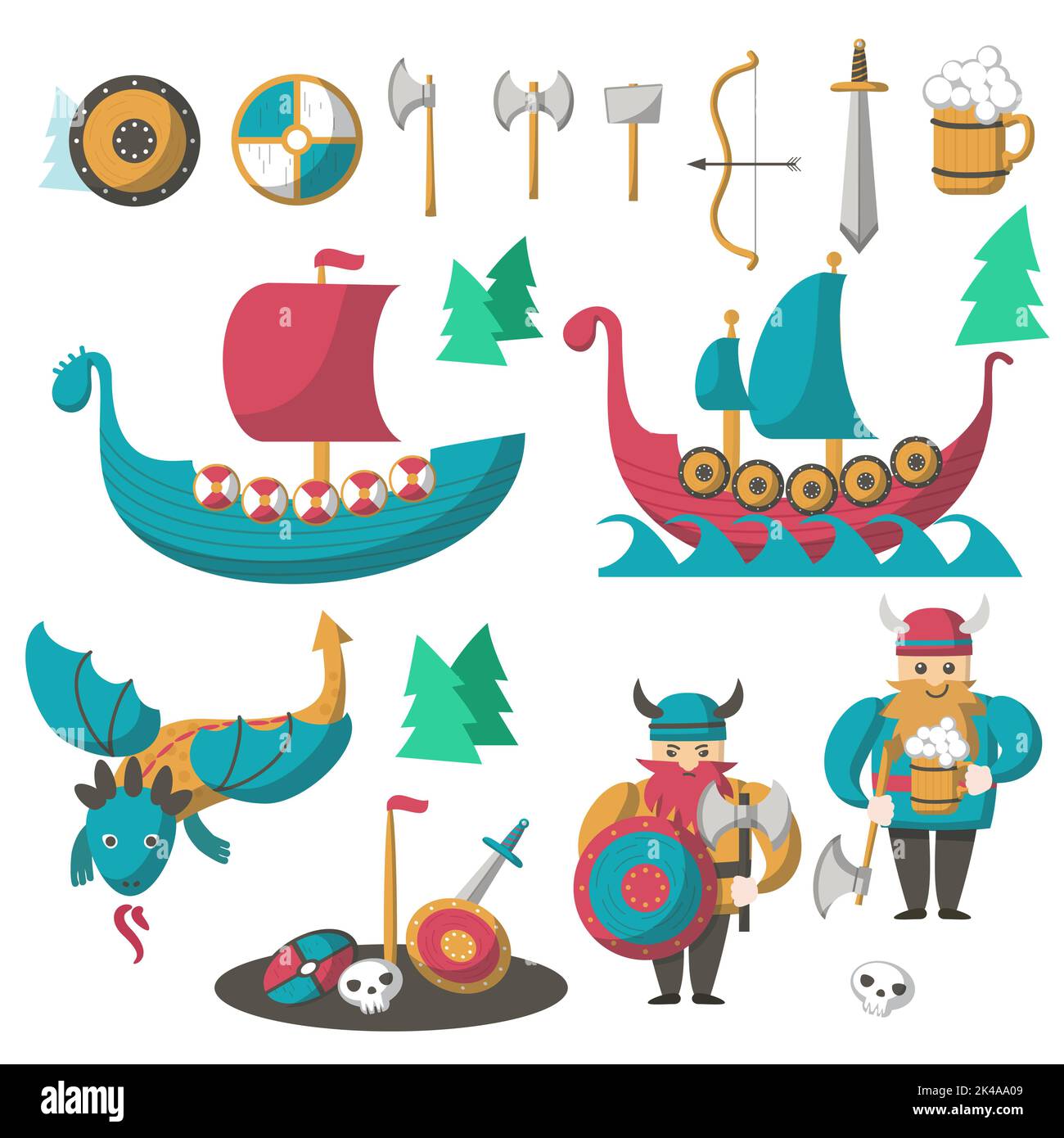 Vichinghi con armature, birra, drago volante e navi da lunga durata. Illustrazione piatta vettoriale isolata su sfondo bianco. Guerrieri e marinai scandinavi cart Illustrazione Vettoriale