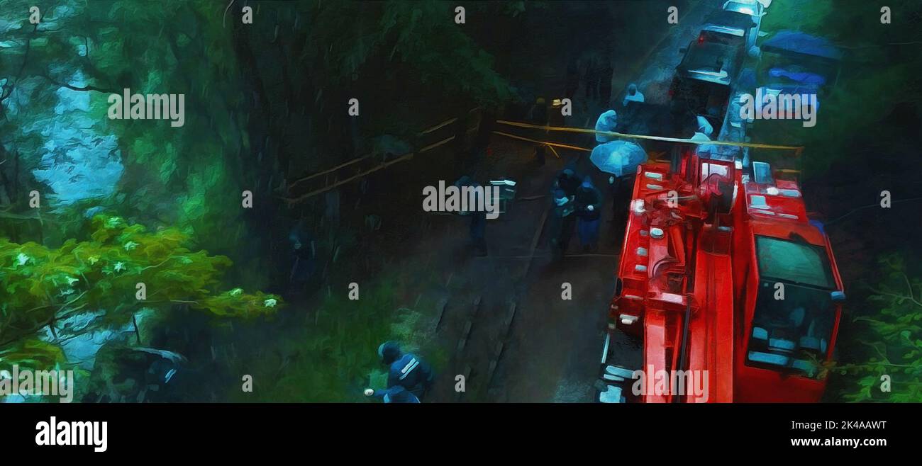 Squadra di salvataggio sulla scena del crimine, investigazione detective, vista panoramica Foto Stock