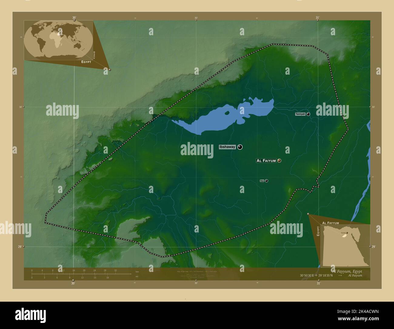 Al Fayyum, governatorato dell'Egitto. Mappa di altitudine colorata con