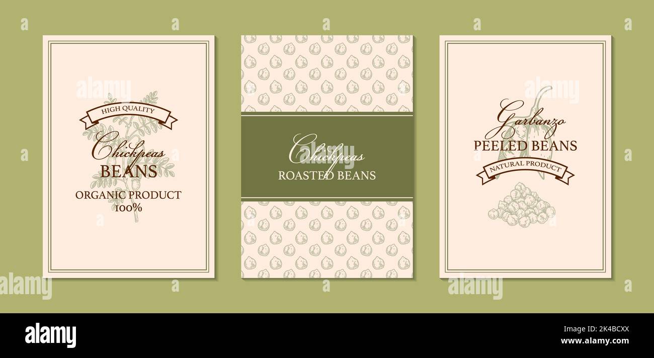 Set di modelli di confezionamento di ceci vintage disegnati a mano. Illustrazione vettoriale nello stile di schizzo Illustrazione Vettoriale