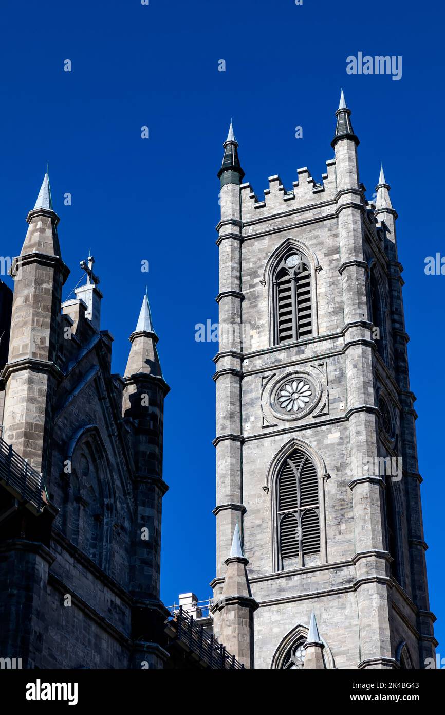 Chiesa torre della Basilica di Notre Dame, Montreal Quebec Canada. Foto Stock