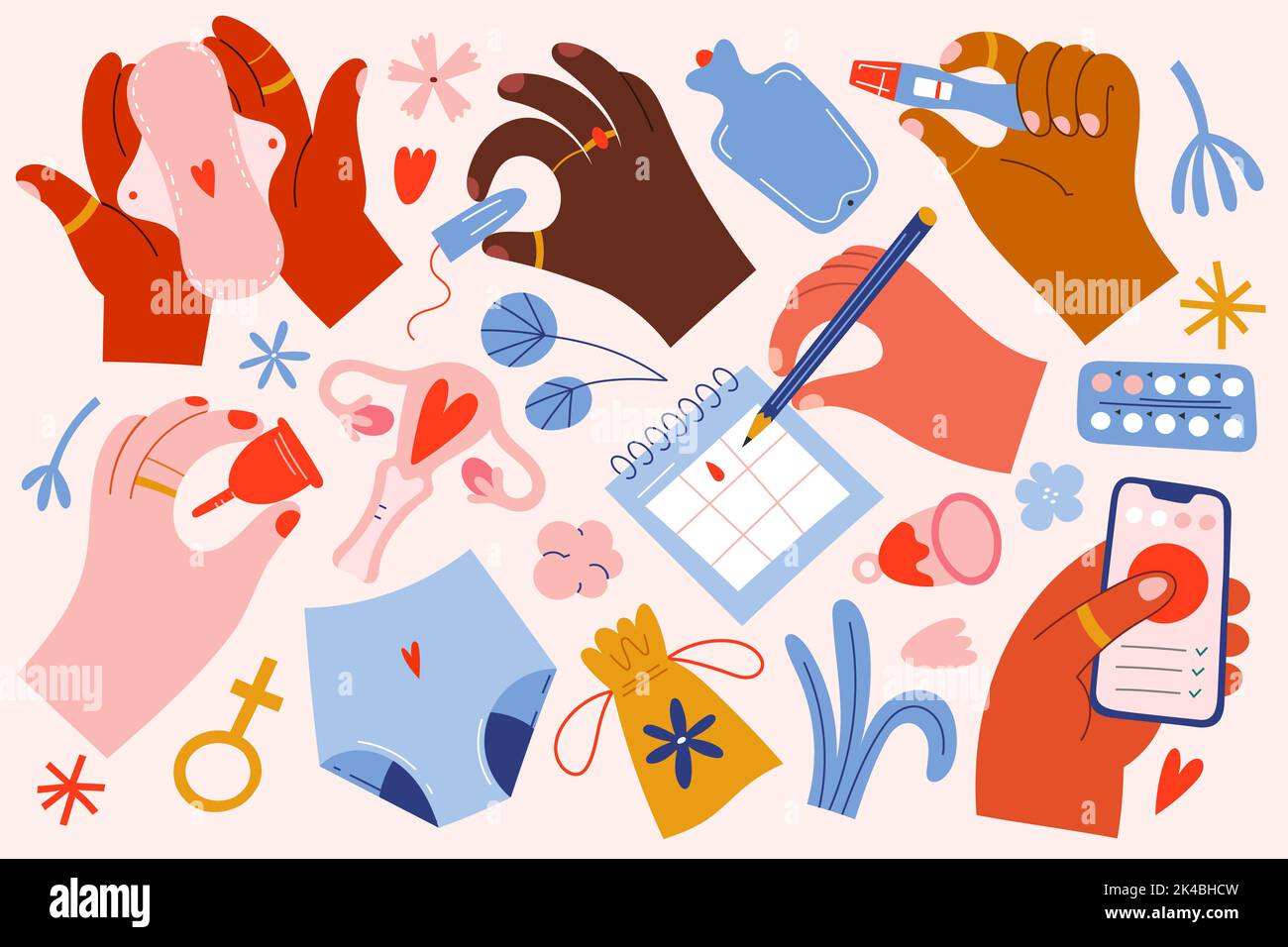 Illustrazioni mestruazioni, ciclo mestruale donne, le donne utilizzano il calendario mestruale nell'app per smartphone, tenere in mano i cuscinetti eco-compatibili, collezione vettoriale Illustrazione Vettoriale
