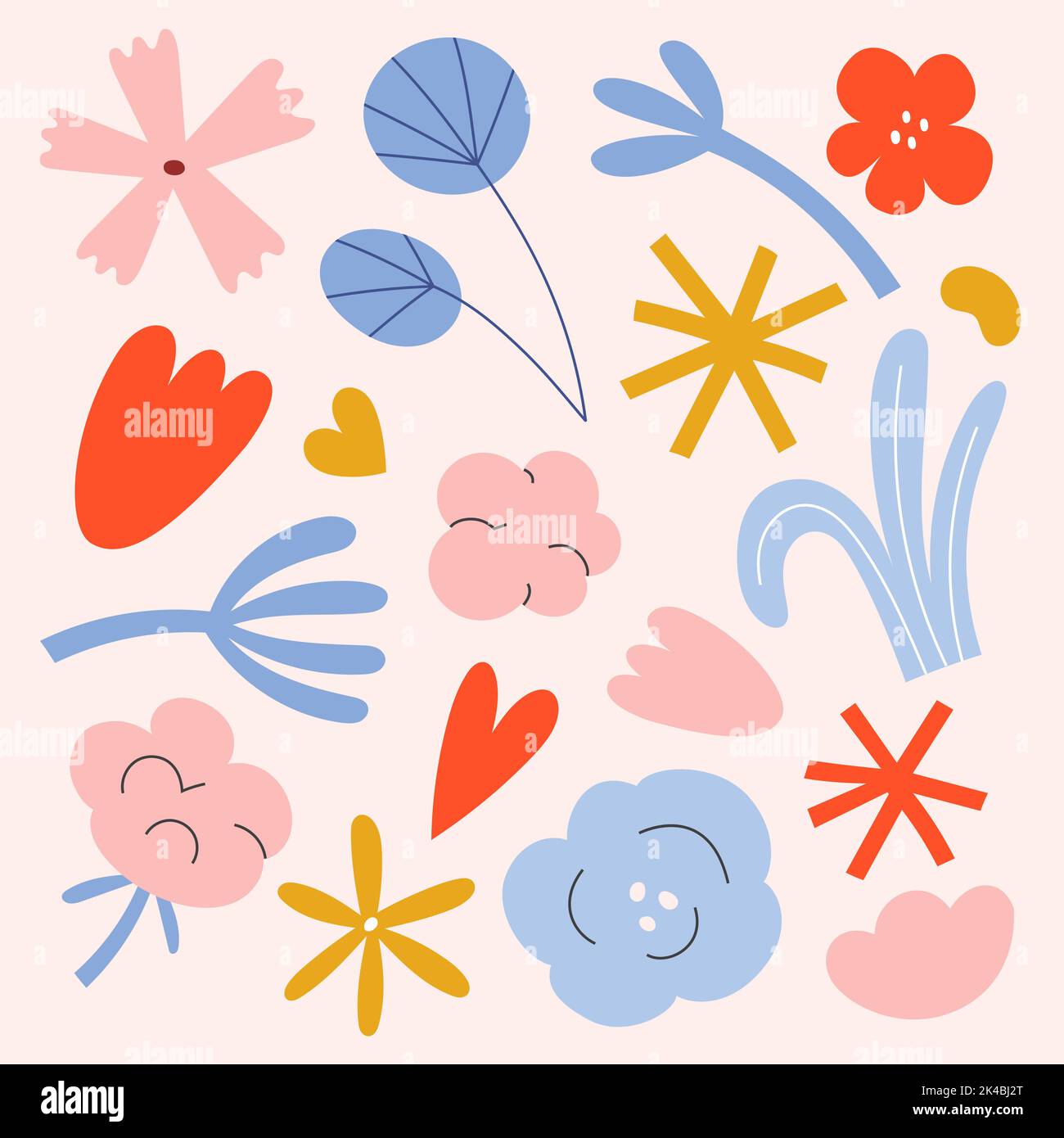 Semplice collezione di fiori e forme astratte, graziose illustrazioni minimaliste in palette pastello, tulipano, cotone, foglie e rami, floreale moderno Illustrazione Vettoriale