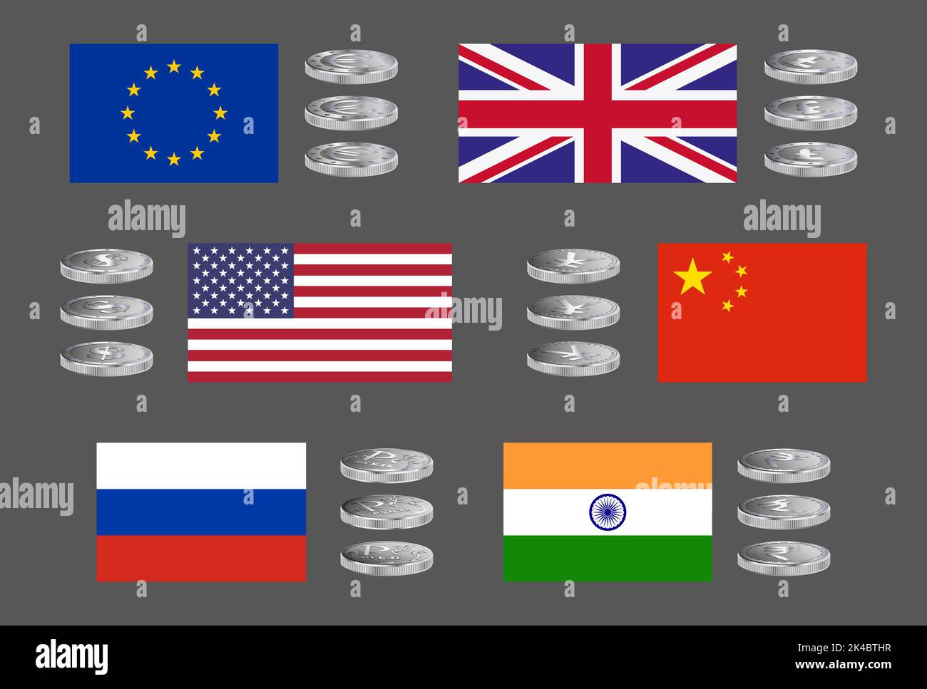 Set di icone vettoriali delle principali valute mondiali con bandiere nazionali in tonalità argento Foto Stock