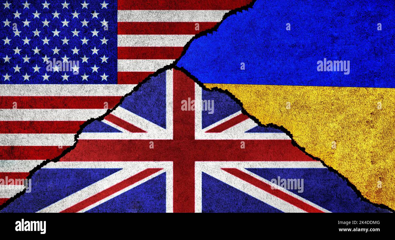 Bandiera di Stati Uniti, Regno Unito e Ucraina insieme. Relazioni diplomatiche tra Ucraina, Gran Bretagna e Stati Uniti d'America Foto Stock