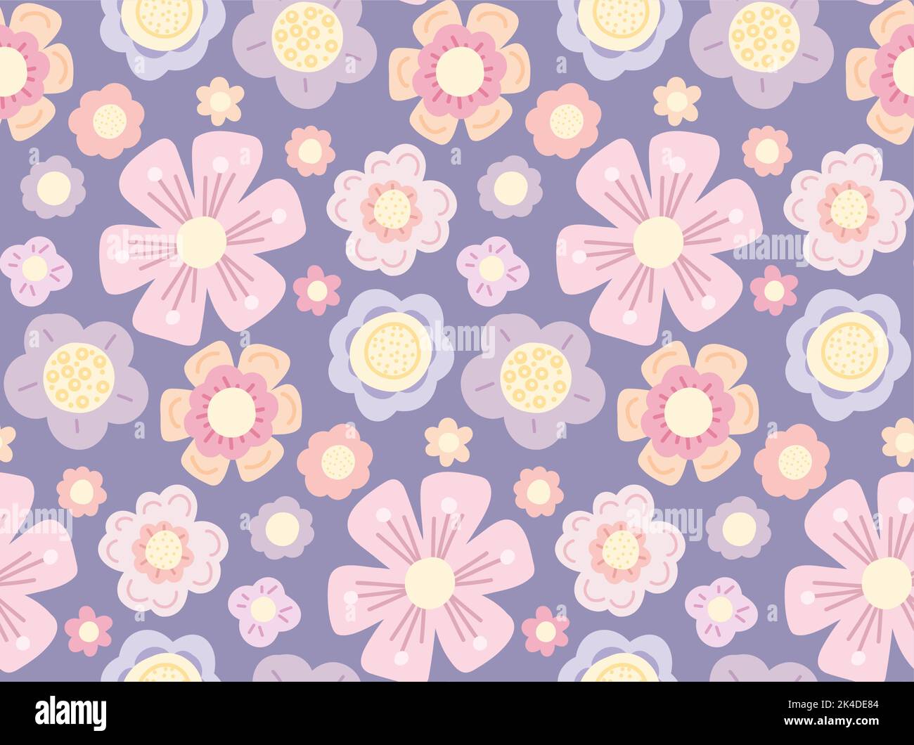 Delicato motivo vettoriale con fiori piatti disegnati a mano su fondo lavanda. Cartoni animati teneri sfondo ditsy. Semplice texture floreale pastello per il bambino Illustrazione Vettoriale